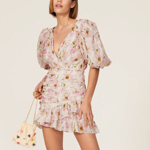 Sau Lee White Floral Mini Dress Size 2 Ruched Designer Cottage Romantic $450